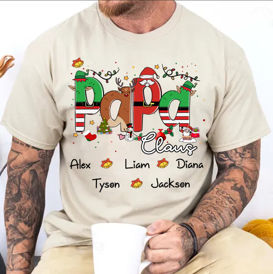Papa Claus Custom Shirt with Grandkids' Names Papa Claus Custom Shirt with Grandkids' Names